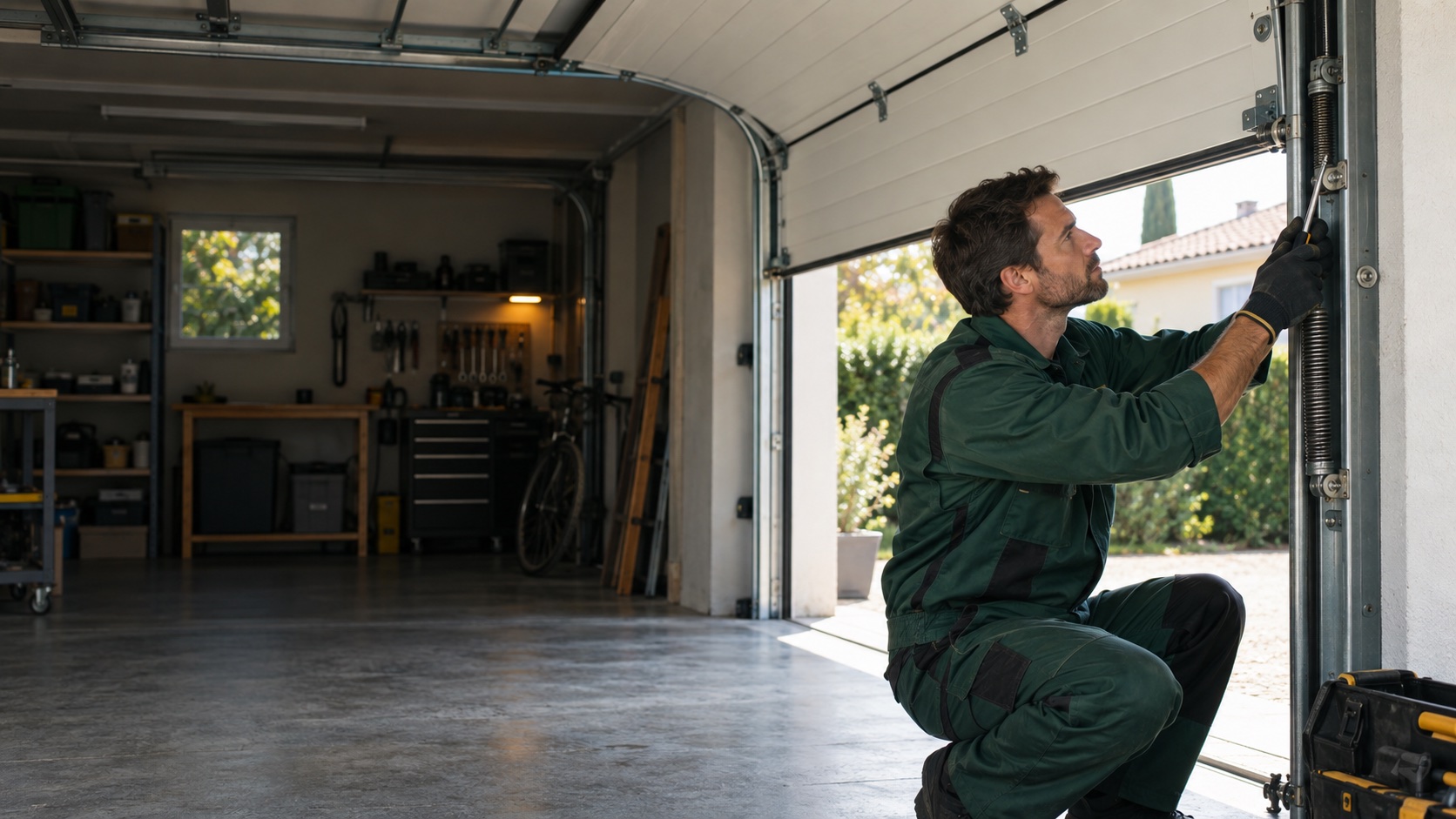 Technicien réparant le mécanisme d’une porte de garage sectionnelle